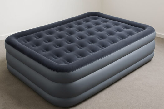 Надуваемо легло с тъмносиво кадифено покритие, поставено на светлосив мокет в светла стая.