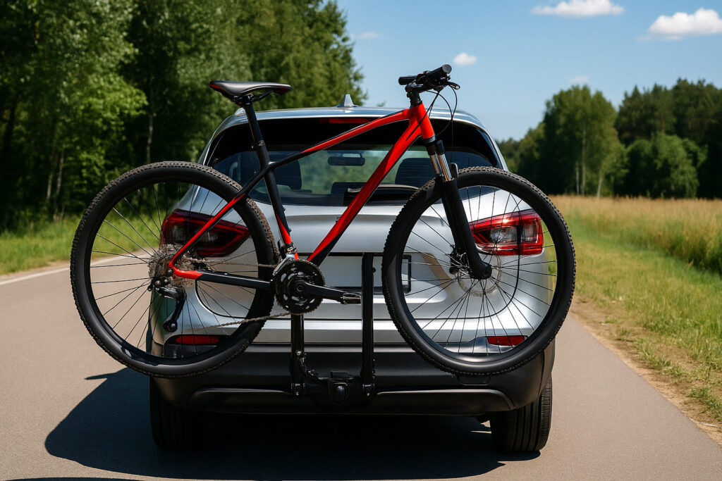 Червено-черен планински велосипед, монтиран на задна стойка на сребрист SUV, паркиран край път сред зелена природа.
