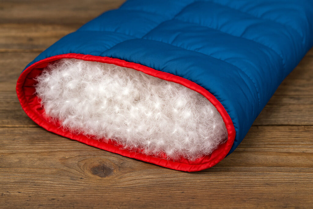 Разрез на син спален чувал с червена подплата, показващ бял пухест пълнеж върху дървена повърхност.