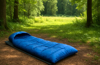 Син спален чувал, поставен върху постелка в горска поляна, заобиколен от дървета и зеленина в дневна светлина.