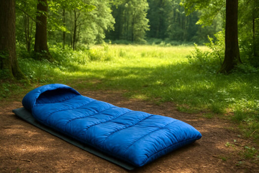 Син спален чувал, поставен върху постелка в горска поляна, заобиколен от дървета и зеленина в дневна светлина.