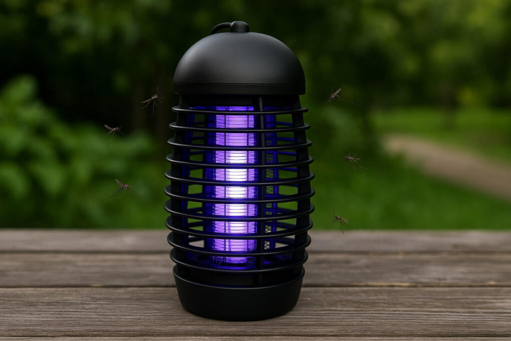 Черна лампа против комари с лилава светлина върху дървена повърхност в градина, заобиколена от летящи комари.