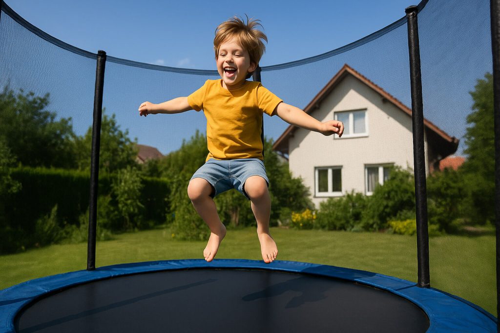 Момченце скача на син батут в градина, носи жълта тениска и дънкови шорти, на фона на къща и зеленина.