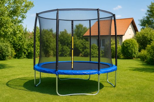 Кръгъл детски батут със син ръб и мрежа за безопасност, поставен на трева с къща и дървета в далечината.