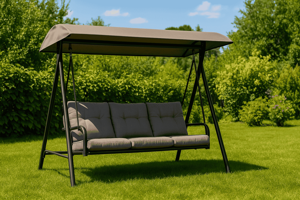  Градинска люлка с тъмнокафява рамка, сиви възглавници и светлобежов сенник, поставена на тревна площ сред зеленина.