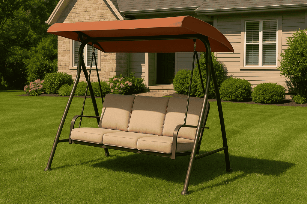 Бежова градинска люлка с оранжев сенник, разположена пред едноетажна къща на зелена морава.