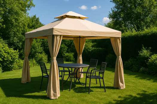 Бежова градинска шатра с маса и четири черни стола, разположена в зелена градина в слънчев летен ден.