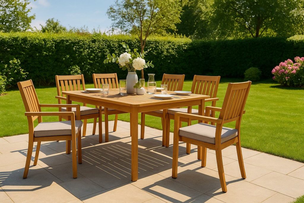 Дървен трапезен комплект с шест стола с възглавници и подредена маса, разположен на тераса сред зелена градина и цъфтящи храсти