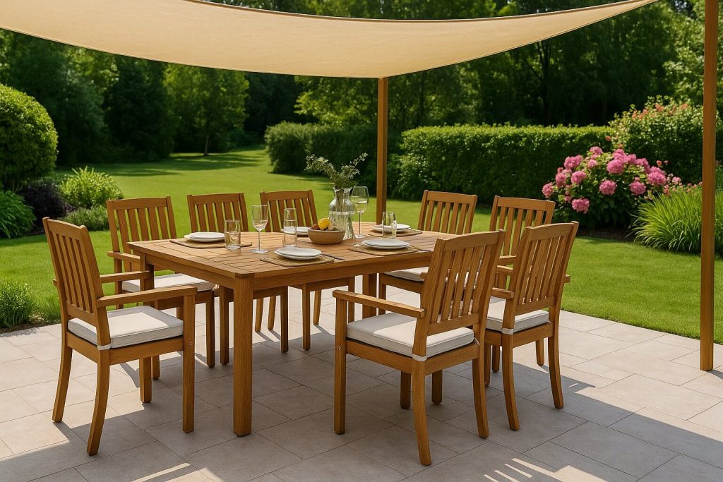 Дървен комплект за хранене с осем стола и маса, покрит с бежова тента, разположен върху тераса в зелена градина