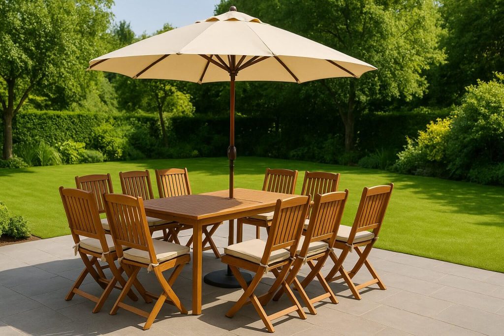 Дървен комплект за хранене с осем стола и голям бежов чадър в