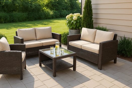 Комплект ратанови градински мебели с бежови възглавници и стъклена масичка, разположени върху плочки в озеленен двор