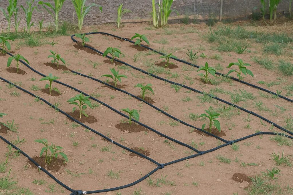 Градина с млади растения, подредени на редове с черен маркуч за капково напояване върху суха почва.