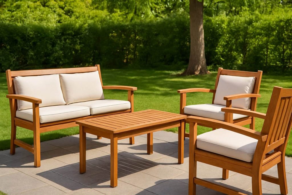 Комплект дървени мебели с кремави възглавници, разположен върху тераса сред зелена градина и дървета