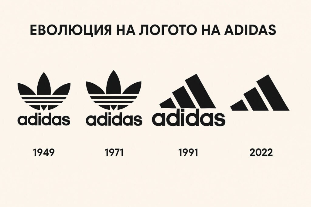 Четири лога на Adidas от 1949, 1971, 1991 и 2022 г., подредени симетрично върху светъл фон с надпис на кирилица.