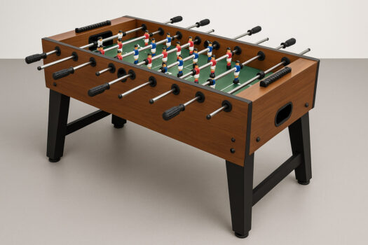 Джага маса с дървен корпус, черни крака и фигури в червено и синьо върху зелено игрално поле.