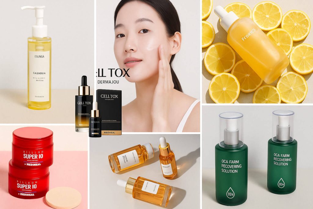 Колаж от козметични продукти като серуми, кремове и тоници с азиатска жена, която нанася крем върху лицето си