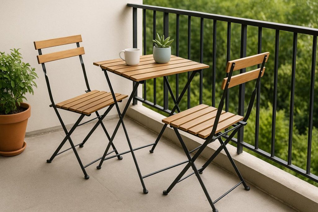 Малка сгъваема маса с две дървени столчета с метални крака, поставени на тераса с саксия и парапет, сред зелена гледка