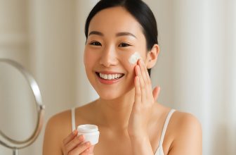 Млада жена с корейски черти нанася крем върху бузата си пред огледало в светла и елегантна обстановка