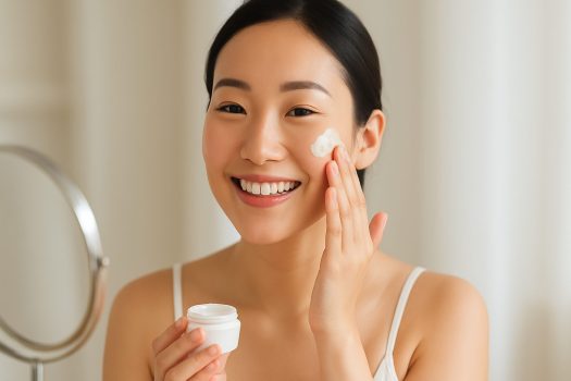 Млада жена с корейски черти нанася крем върху бузата си пред огледало в светла и елегантна обстановка