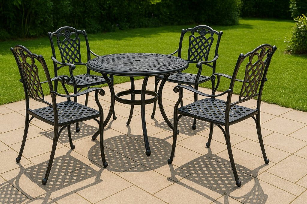 Черен метален градински комплект с кръгла маса и четири стола с орнаменти, разположени върху тераса с гледка към зелена морава