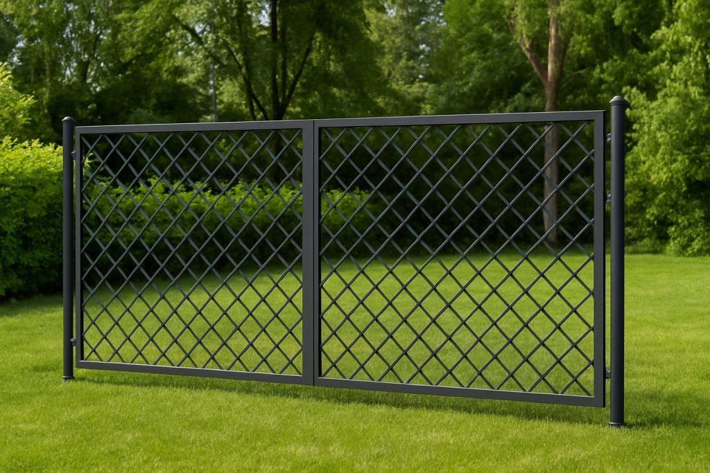 Тъмносиви метални пана с диамантен решетъчен дизайн, поставени на зелена морава сред гъста растителност и дървета