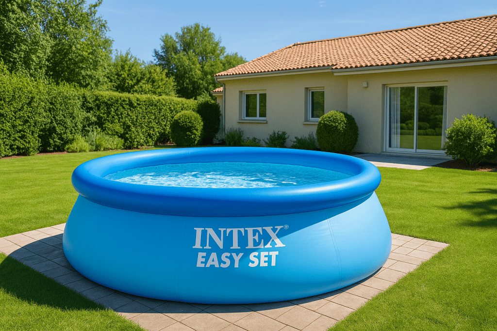 Голям син басейн Intex Easy Set, поставен върху плочки в озеленен двор с едноетажна къща на заден план