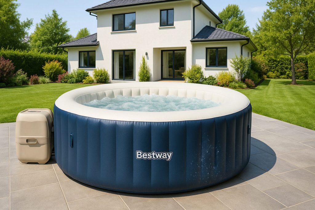 Синьо надуваемо джакузи Bestway на тераса в озеленен двор, с модерна двуетажна къща на заден план