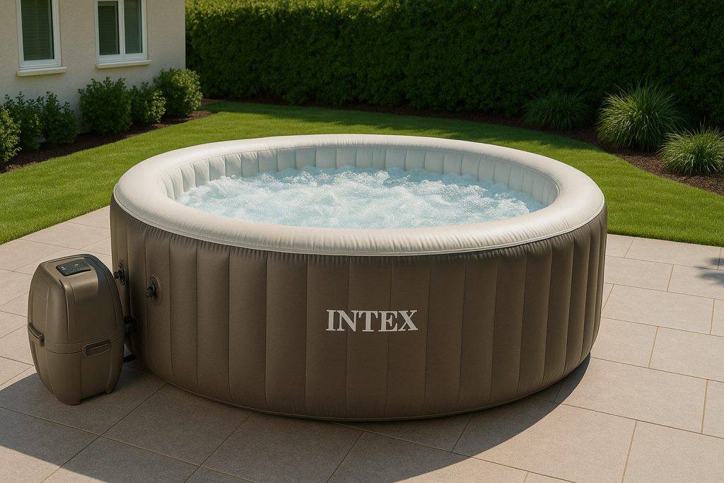 Кръгло надуваемо джакузи Intex с кафяво външно покритие и балончета, поставено на плочкова тераса в слънчев заден двор