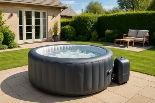 Кръгло надуваемо джакузи със съвременен дизайн, разположено на тераса в озеленен заден двор на къща в слънчев ден