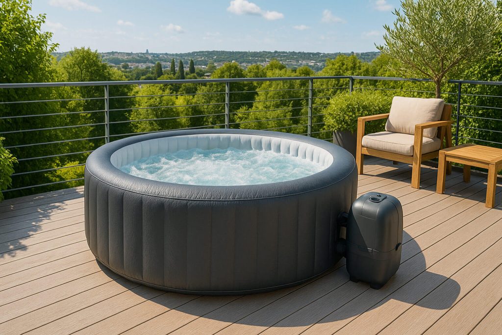 Кръгло надуваемо джакузи с балончета, разположено на дървена тераса с изглед към зелена долина и град в далечината