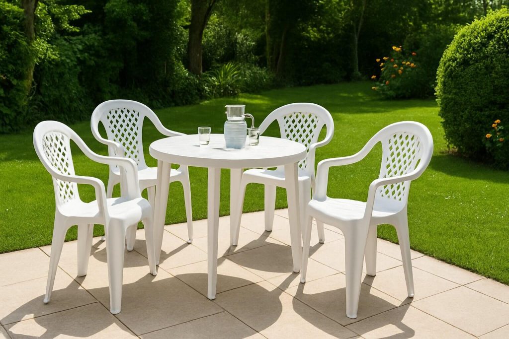 Бял пластмасов комплект с кръгла маса и четири стола с решетъчни облегалки, разположен на тераса сред зелена градина