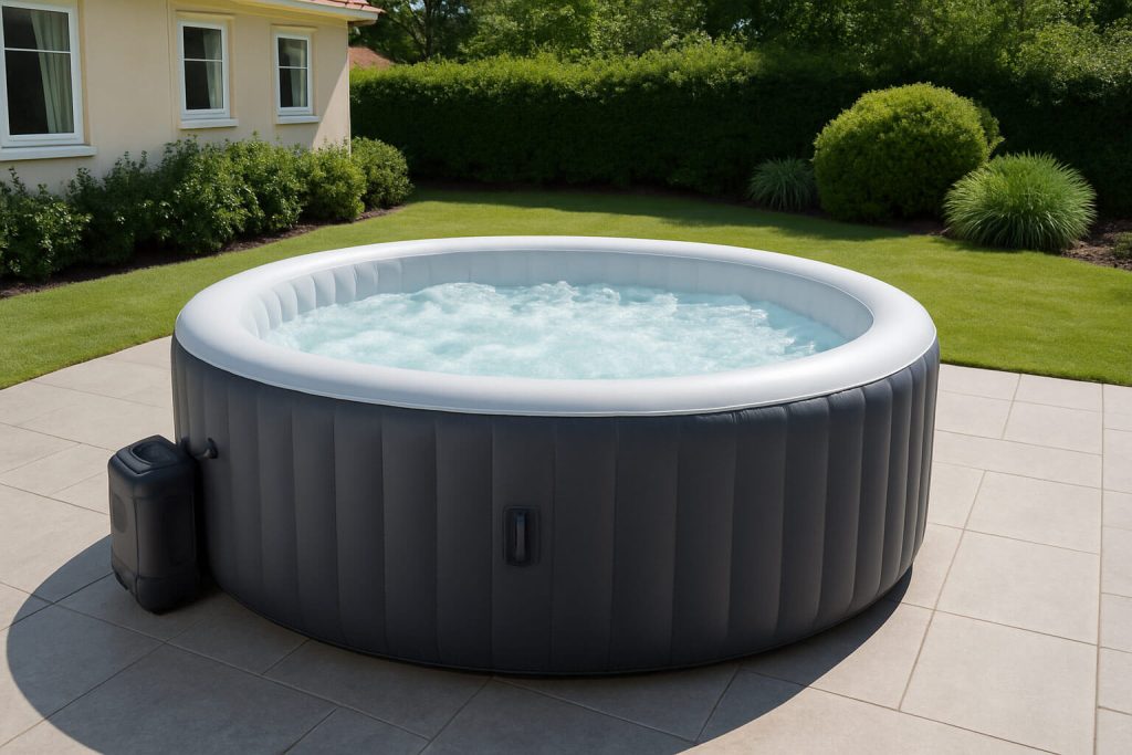 Голямо кръгло надуваемо джакузи с балончета, разположено в озеленен двор с плочкова тераса и модерна къща на заден план