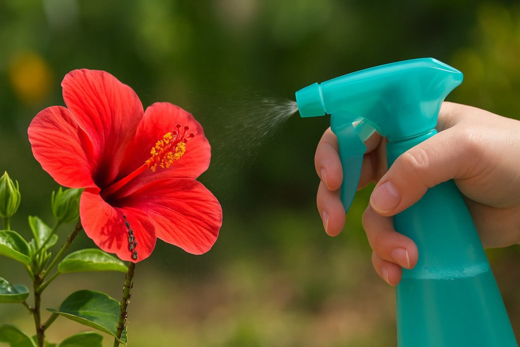 Пръскане с препарат срещу листни въшки по червен хибискус в градина.