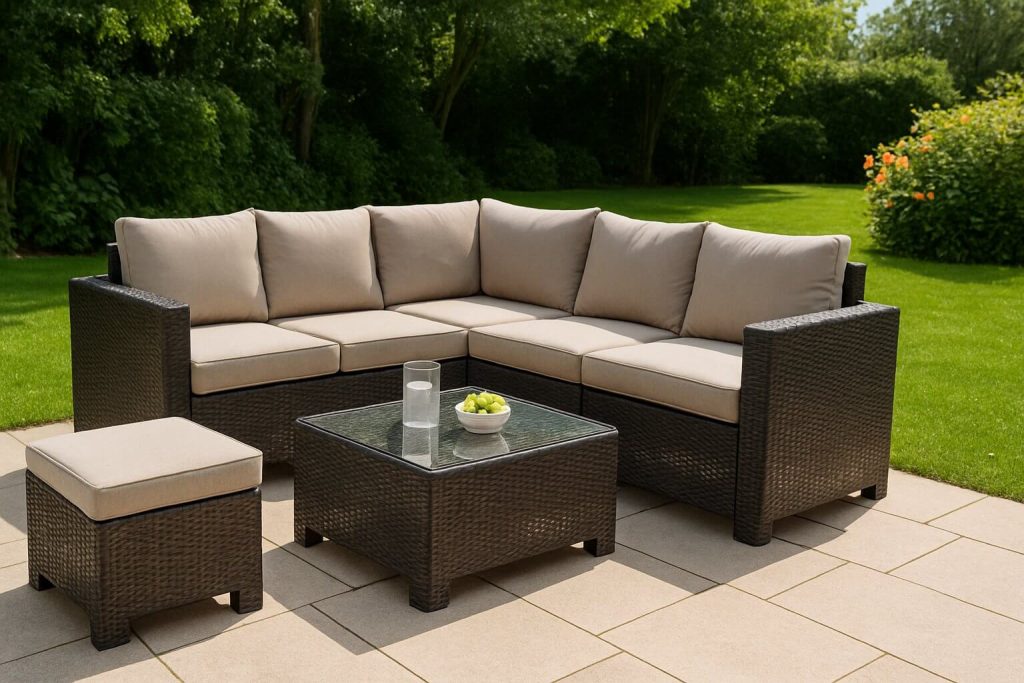 Тъмнокафяв ъглов ратанов диван с бежови възглавници, масичка с плота от стъкло и табуретка, разположени на тераса сред зелена градина