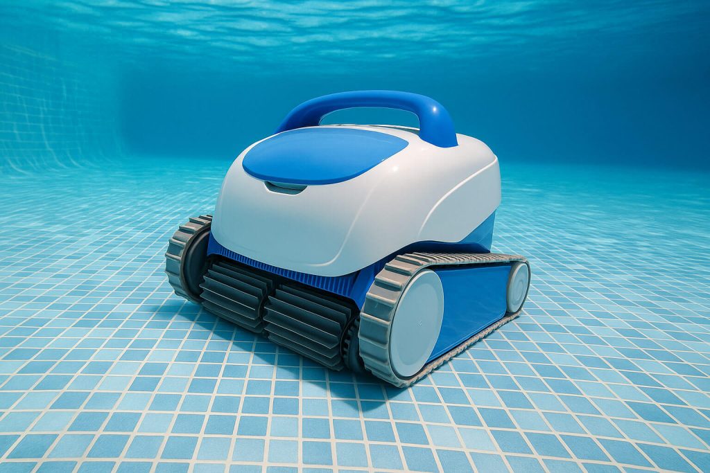 Синьо-бял робот за басейн се движи по дъното на басейн с мозайка без видима почистена следа след себе си