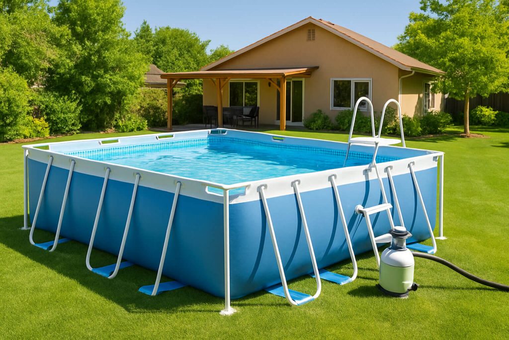 Правоъгълен сглобяем басейн със синя облицовка и бяла метална рамка, поставен на зелена морава пред едноетажна къща с веранда