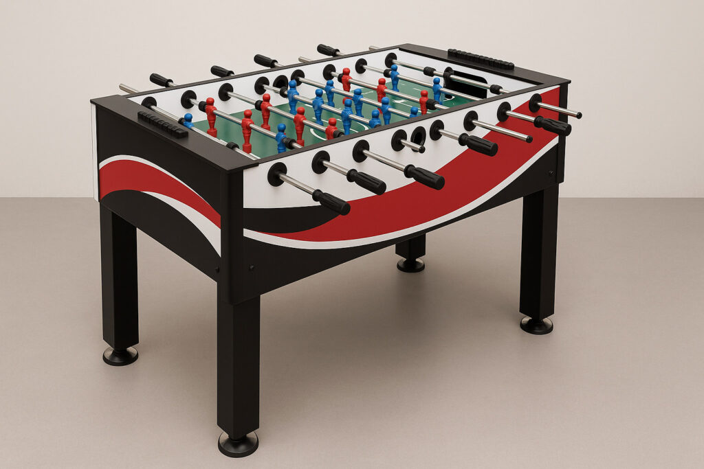 Професионална джага маса с червено-бяло-черен дизайн на бордовете, зелено игрално поле и фигурки в синьо и червено.