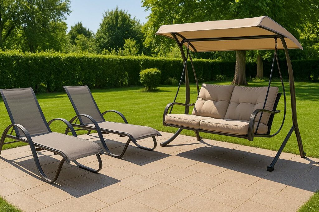 Дървен трапезен комплект с шест стола с възглавници и подредена маса, разположен на тераса сред зелена градина и цъфтящи храсти