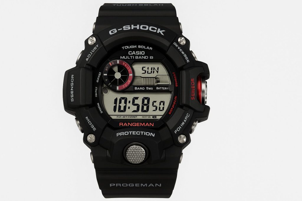 Защо G-Shock Остава Ненадминат? История и модели 5 Цифров часовник G-Shock Rangeman с компас, барометър и червени акценти върху черен корпус, представен върху бял фон