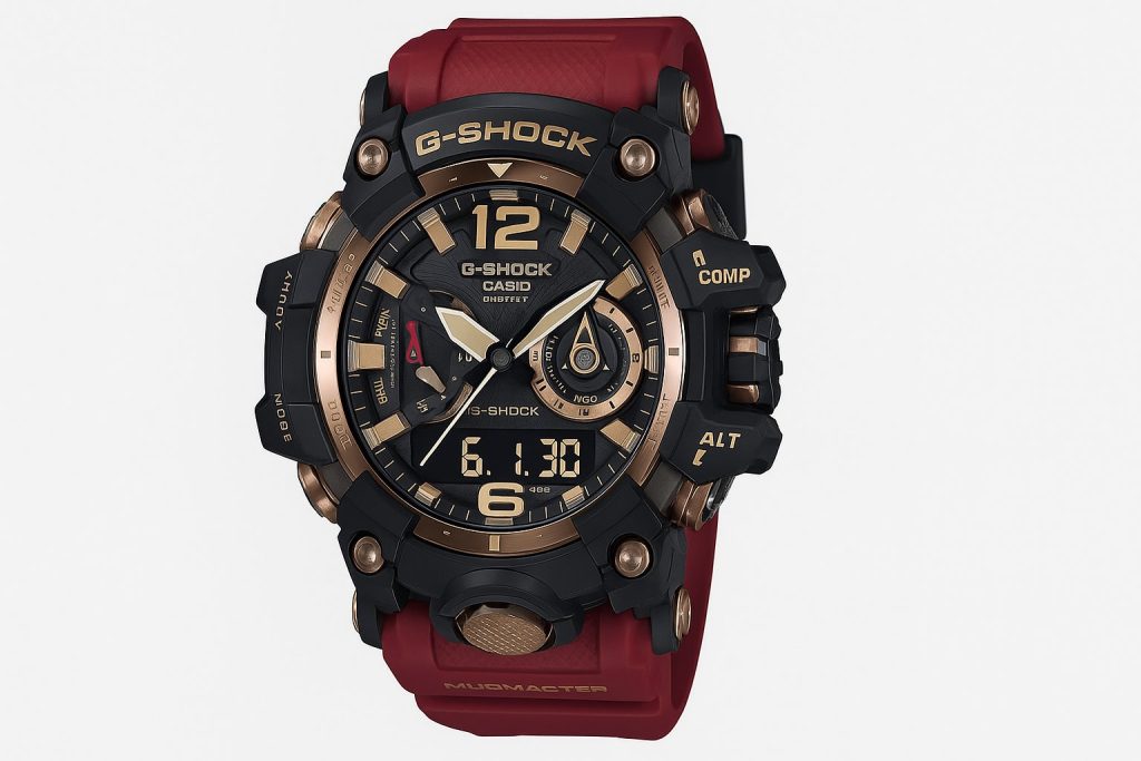 Защо G-Shock Остава Ненадминат? История и модели 3 Casio G-Shock Mudmaster с червена каишка и корпус с бронзови елементи, аналогов и дигитален дисплей