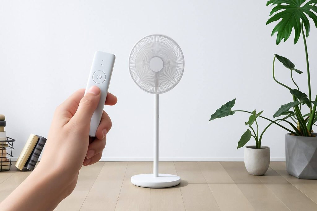 Ръка държи бяло дистанционно насочено към бял вентилатор в модерна светла стая с растения и книги