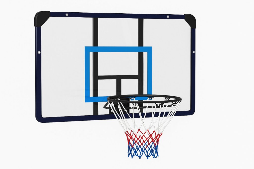 Прозрачен борд с черна рамка и син правоъгълник, черен ринг и мрежа в бяло, червено и синьо върху бял фон