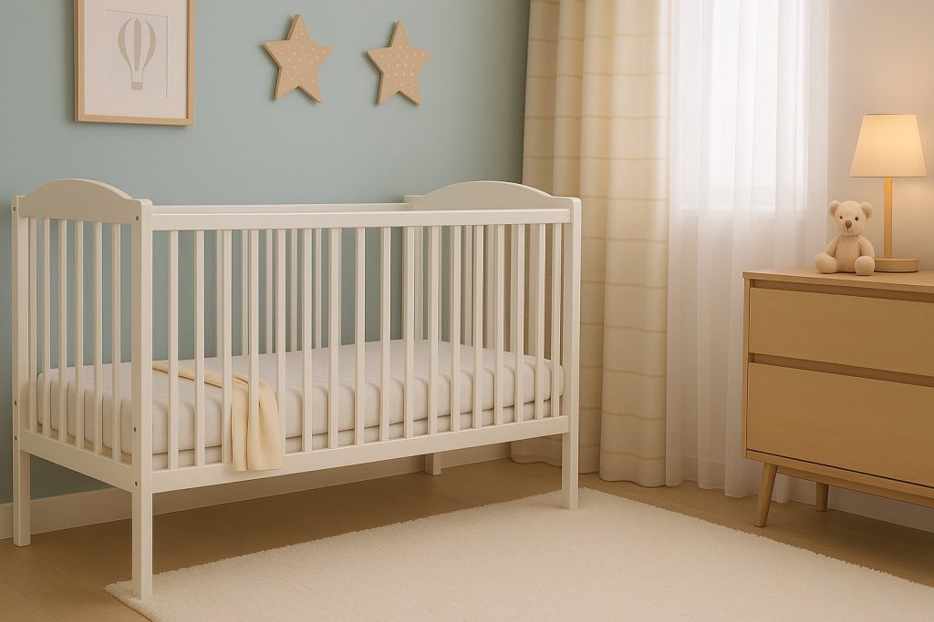 Бяла бебешка кошара в светла детска стая с декорации и мебелировка в пастелни тонове.