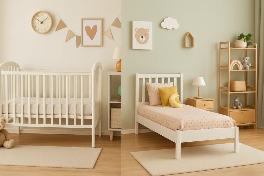 Сравнителна сцена с бебешка кошара отляво и детско легло в детска стая отдясно.