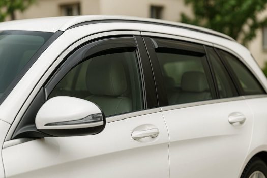 Близък кадър на прозорците и ветробраните на бял Mercedes комби, заснет от страната на шофьора.