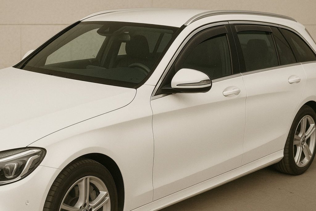 Бял Mercedes-Benz комби с монтирани ветробрани, заснет отблизо от страната на шофьора.