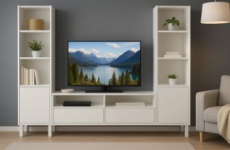 Модулна секция в бяло с рафтове и шкафове, бял телевизор в центъра, разположена пред тъмносива стена в елегантна всекидневна.