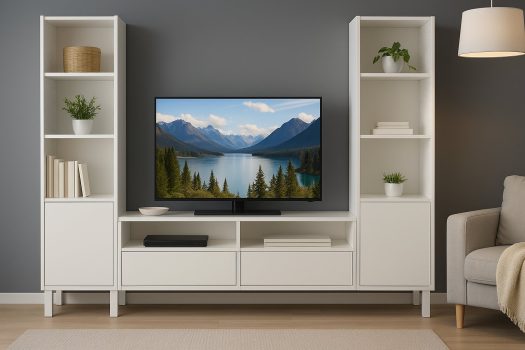 Модулна секция в бяло с рафтове и шкафове, бял телевизор в центъра, разположена пред тъмносива стена в елегантна всекидневна.
