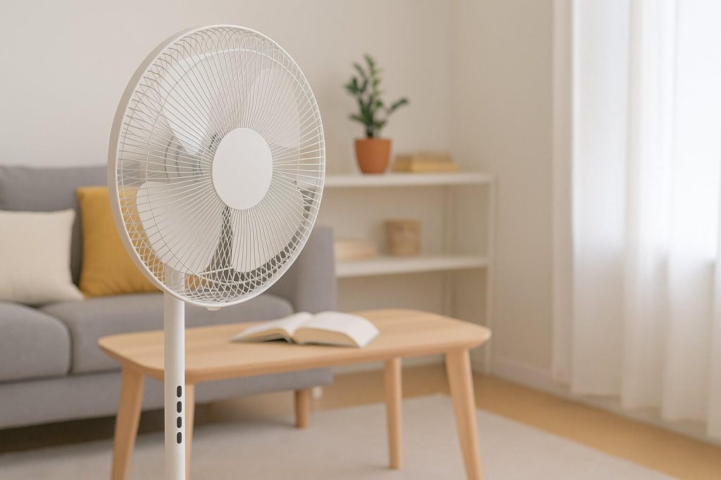 Бял стойков вентилатор пред сив диван и масичка в светла и подредена домашна обстановка