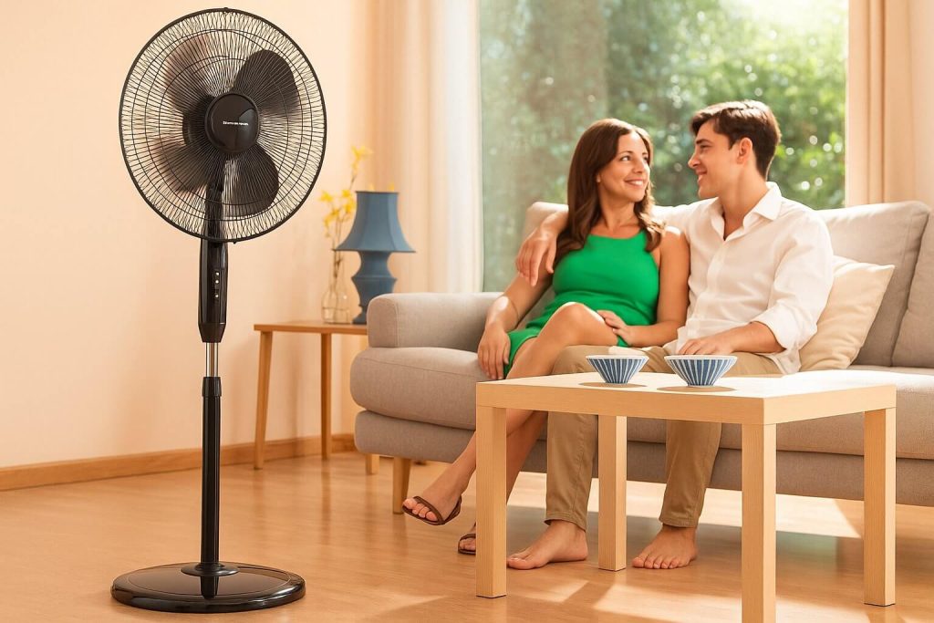 Черен вентилатор на стойка в дневна с усмихната двойка, седяща на диван до масичка и прозорец